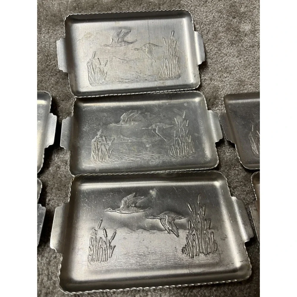 Set Of 7‎ Vintage Aluminum Trays With Embossed Flying Geese Design
